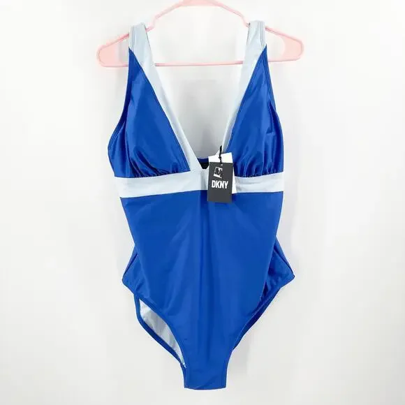 DKNY Lapis Swimsuit Size 16 Plunge Colorblock One Piece Plus Curvy Swim Blue NWT - Picture 2 of 16
